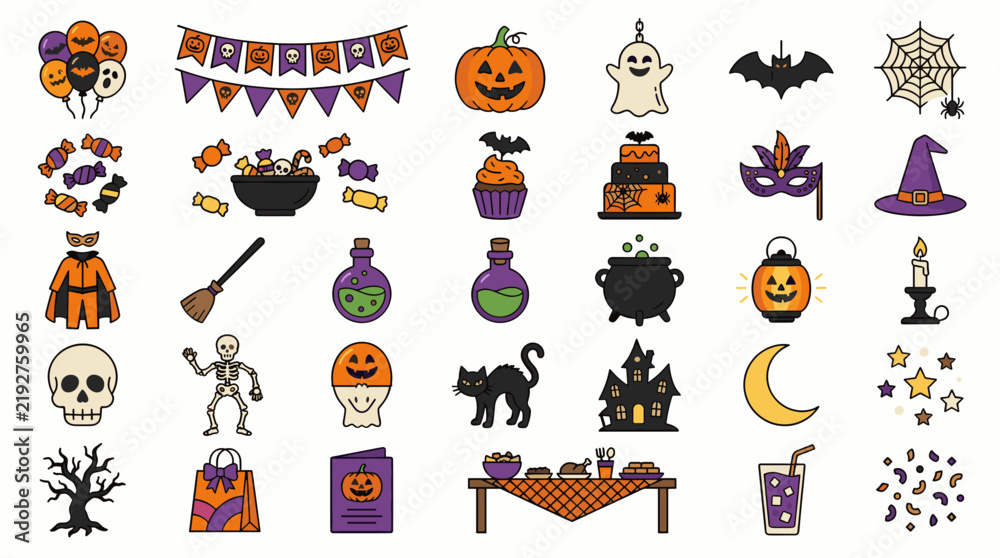 Fototapeta premium Spooky Halloween Celebration Icons Vector Collection - Festive Holiday Symbols for Parties, Decor, and Design Projects