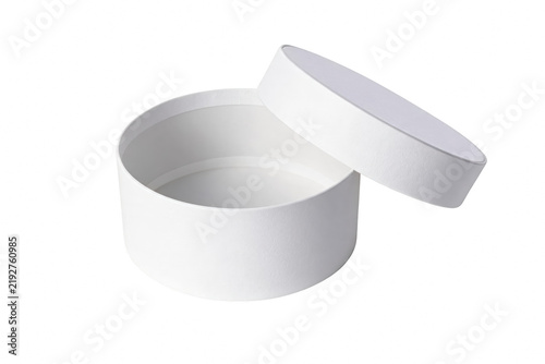 Fotografie Empty White Round Cardboard Box with Lid Partially Open