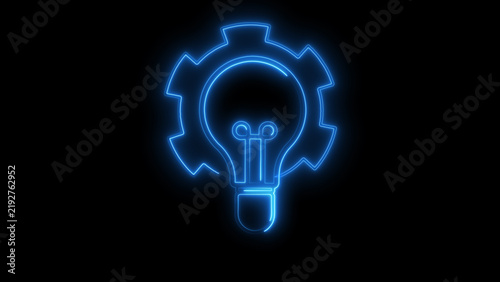 Blue neon light bulb inside a gear outline on black background idea innovation