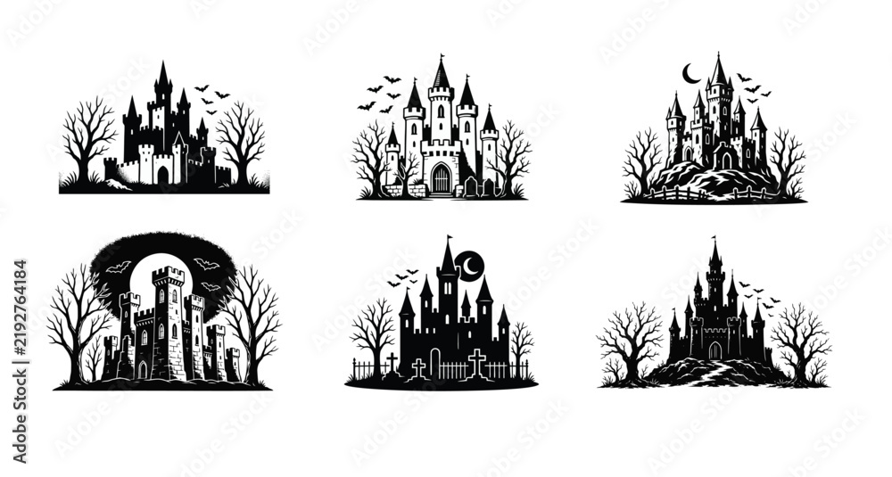 Fototapeta premium Spooky Haunted Castle Silhouette Vector Illustrations. Collection of mystical fortresses with bare trees, bats, and moon, perfect for Halloween designs or fantasy themes.