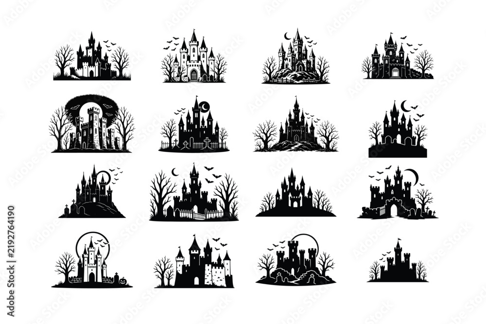 Fototapeta premium Haunted Castle Silhouette Collection, Spooky Halloween Mansion Vector Illustrations with Bare Trees and Flying Bats
