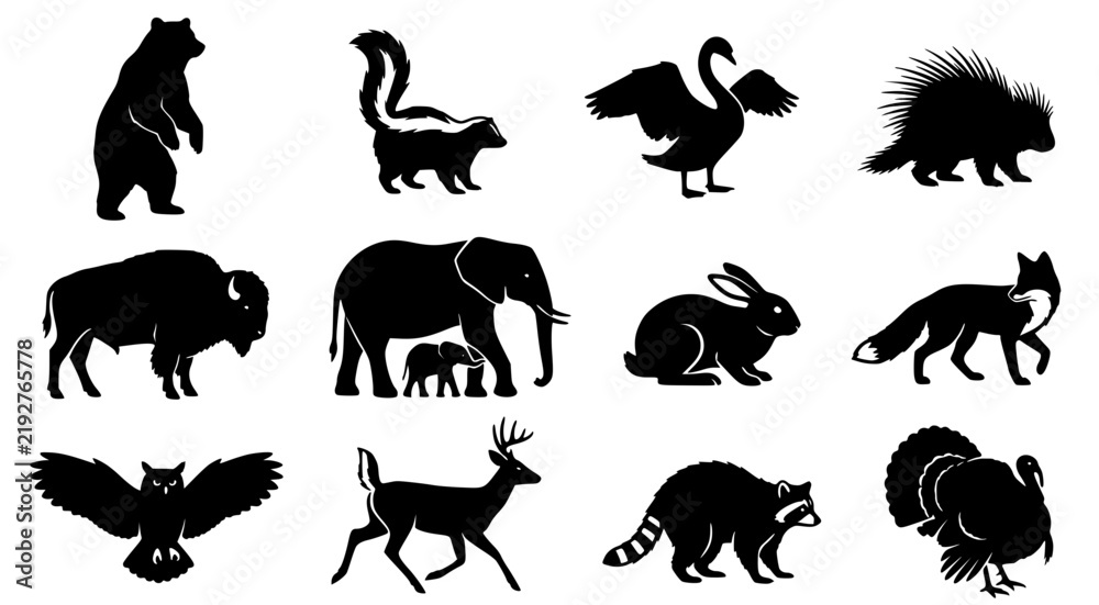 Obraz premium Collection of wild animal silhouettes including bear skunk swan porcupine buffalo elephant rabbit fox owl deer raccoon and turkey for nature design projects