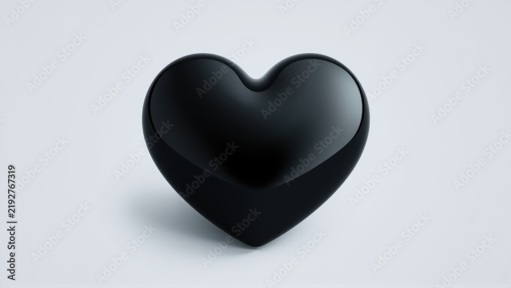 Fototapeta premium Black heart shape isolated. Glossy surface reflects light, creating subtle shadows. Minimalist aesthetic, simple composition.