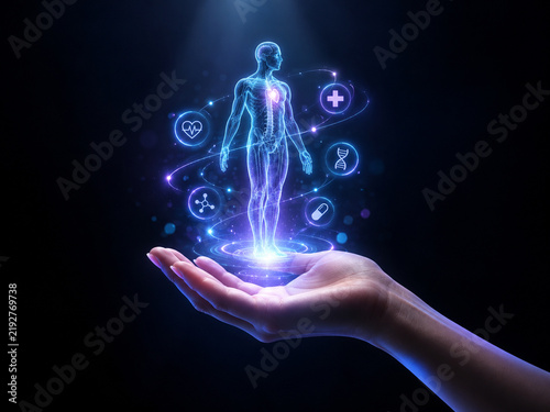 AI generated human anatomy hologram floating above hand medical icons DNA heartbeat digital health symbols representing futuristic healthcare diagnostics innovation