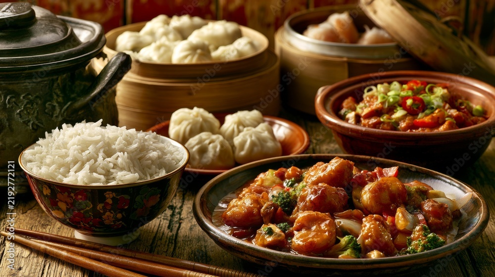 Fototapeta premium Variety of Asian Dishes with Rice and Steamed Dumplings Displayed