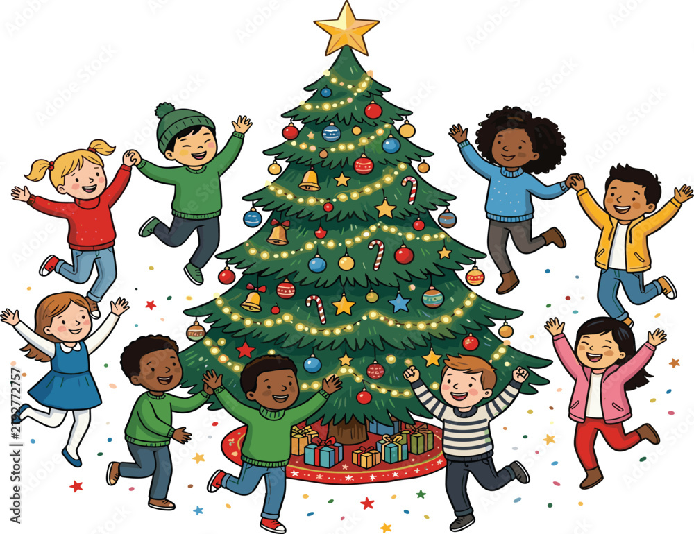 Fototapeta premium Multiethnic Children Celebrating and Dancing Merrily Around an Evergreen Christmas Tree with Star Topper and Wrapped Gifts Clipart Graphic