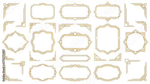 Set of art deco gold frames and corners, vintage geometric border elements for wedding invitations, luxury vector design templates