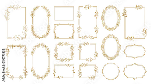 Set of elegant gold floral frames, wedding invitation borders, botanical wreaths, and decorative rectangular and oval frames