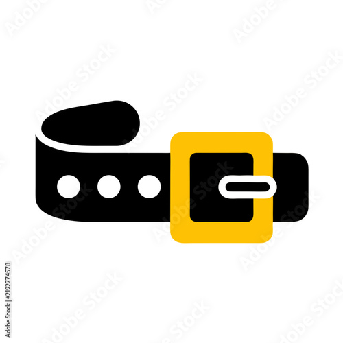 a black leather belt with a yellow square buckle.