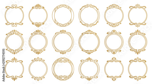 Set of vintage art nouveau circular frames, ornate golden decorative borders, elegant flourishes and floral elements