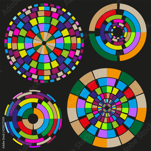 Circle mosaic chart vector set features colorful round geometry. It visualizes creative abstract statistics.