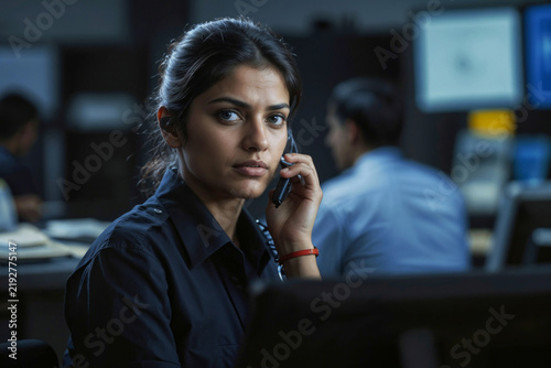 Face of serious female police officer in a call center 911 operator talking on the phone in a busy police office environment