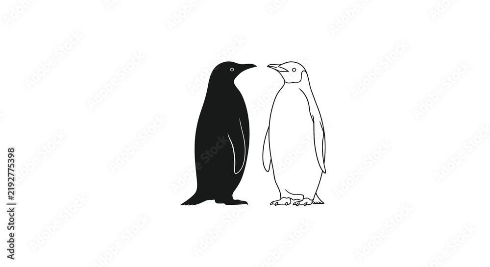Obraz premium Two penguins one as a black silhouette against a white background
