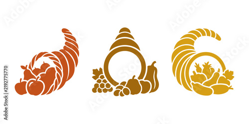 Thanksgiving cornucopia solid vector icon set. Horn of plenty and harvest silhouettes.