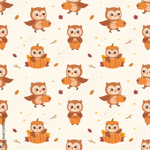 Owl Pumpkin Autumn Fall Seamless Pattern, Boho Baby Nursery Wallpaper Textile Leaves Bird Animal Repeating Background Cute Kawaii Seasonal Graphic, Hand Drawn Flat Vector Illustration
