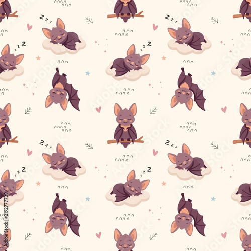 Sleepy Bat Halloween Seamless Pattern, Boho Baby Nursery Wallpaper Textile Night Star Cloud Repeating Background Cute Kawaii Seasonal Graphic, Hand Drawn Flat Vector Illustration
