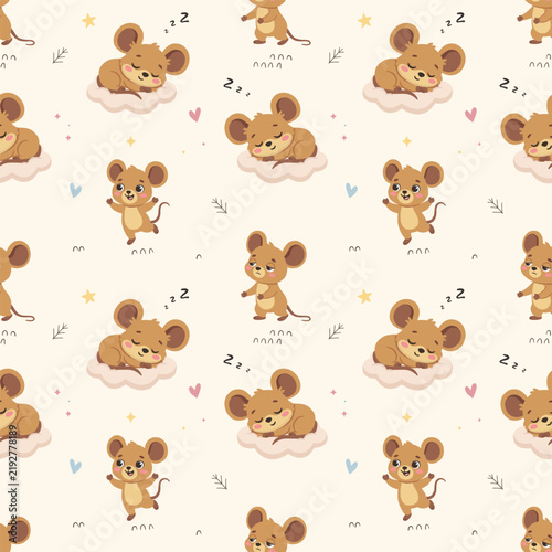 Sleepy Mouse Seamless Pattern, Cloud Dream Night Star Repeating Background Wallpaper Textile Fabric Cute Kawaii Baby Nursery Graphic, Pajamas Wrapping Flat Vector Cartoon Illustration