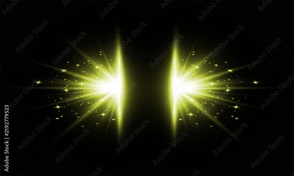 Fototapeta premium Abstract background with two glowing yellow light bursts on a dark black backdrop with particles