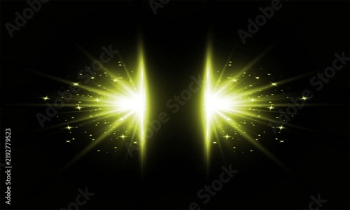 Abstract background with two glowing yellow light bursts on a dark black backdrop with particles