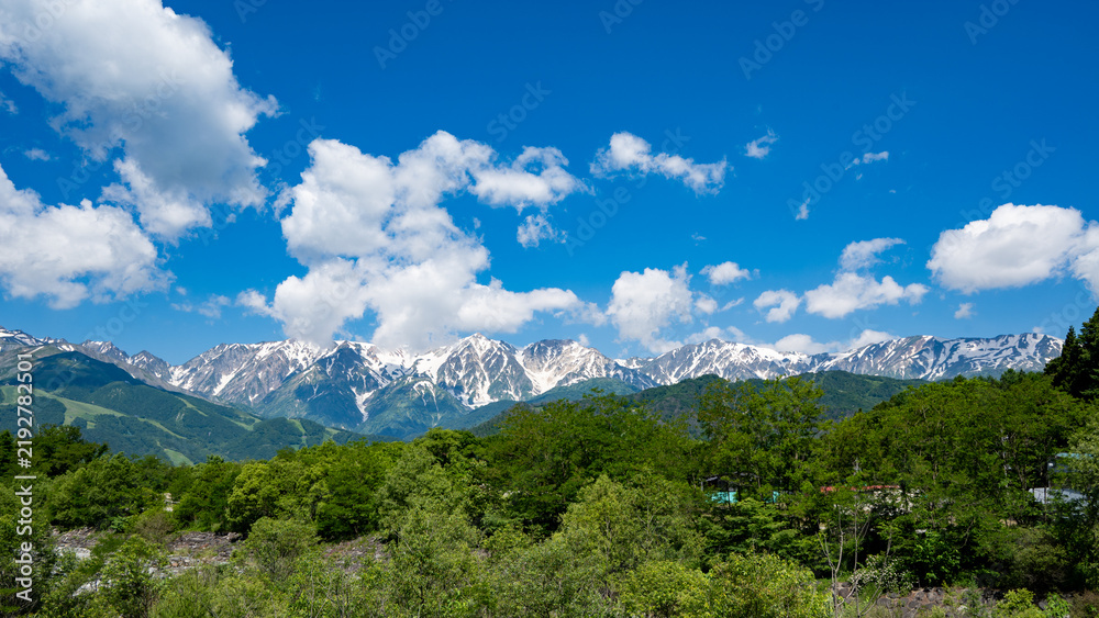 Fototapeta premium 雪が残る北アルプスの山並み 長野県白馬村