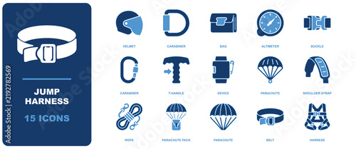 Bild auf Leinwand Set of 15 blue icons depicting skydiving and jump harness equipment, including h