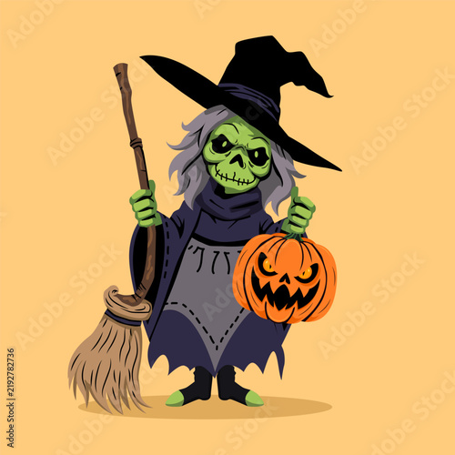 Halloween witch character standing while holding pumpkins and broomstick