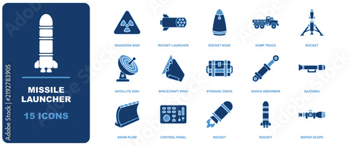 Quadro su tela Missile launcher icon sheet featuring military and aerospace equipment, includin