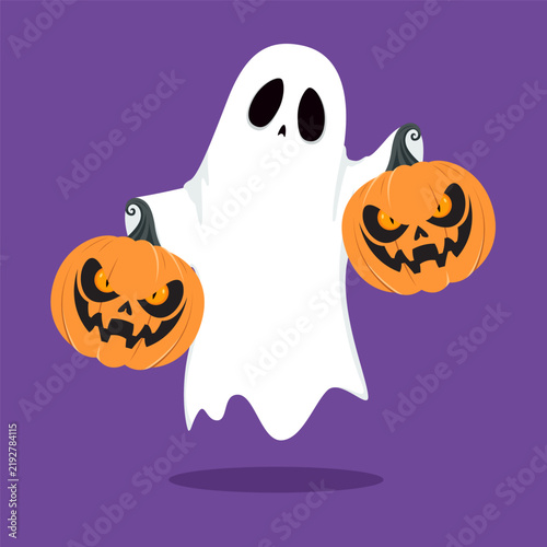 Flying halloween ghost character carrying pumpkins