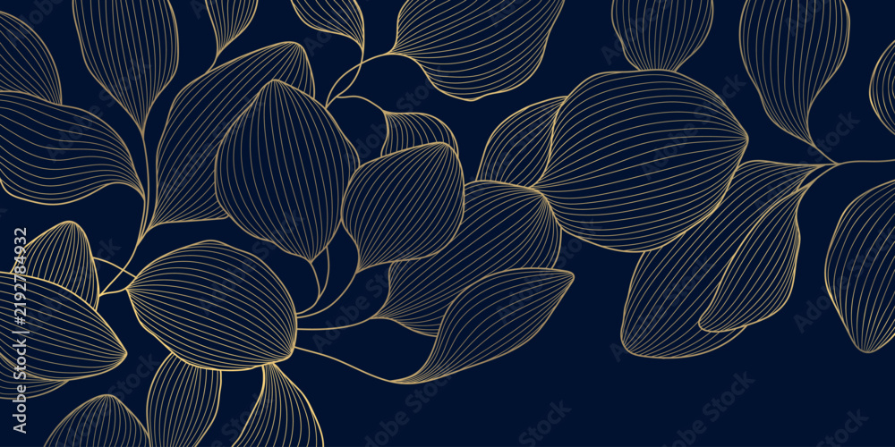 Obraz premium Luxury Art Deco floral pattern with elegant golden line leaves, flowers, palm and tropical botanical elements on dark background. Abstract japanese wallpaper, packaging design, poster, spa branding