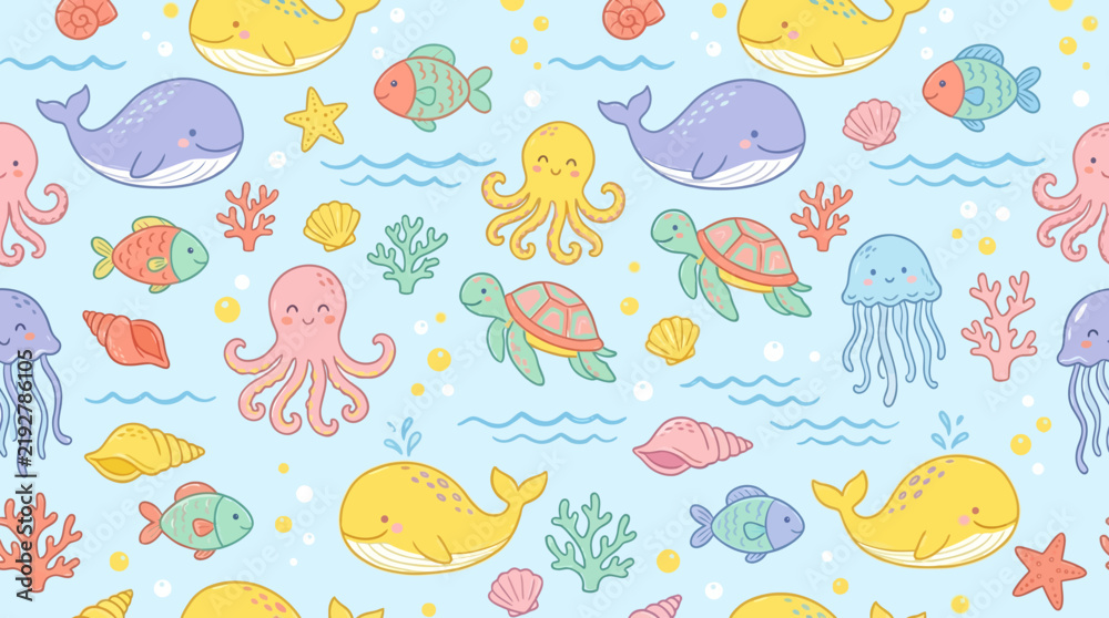Fototapeta premium Pastel Underwater Animal Seamless Background for Baby Products