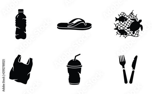 Fotografie Plastic Pollution Icons: Ocean Waste, Single-Use Items, Environmental Impact Set