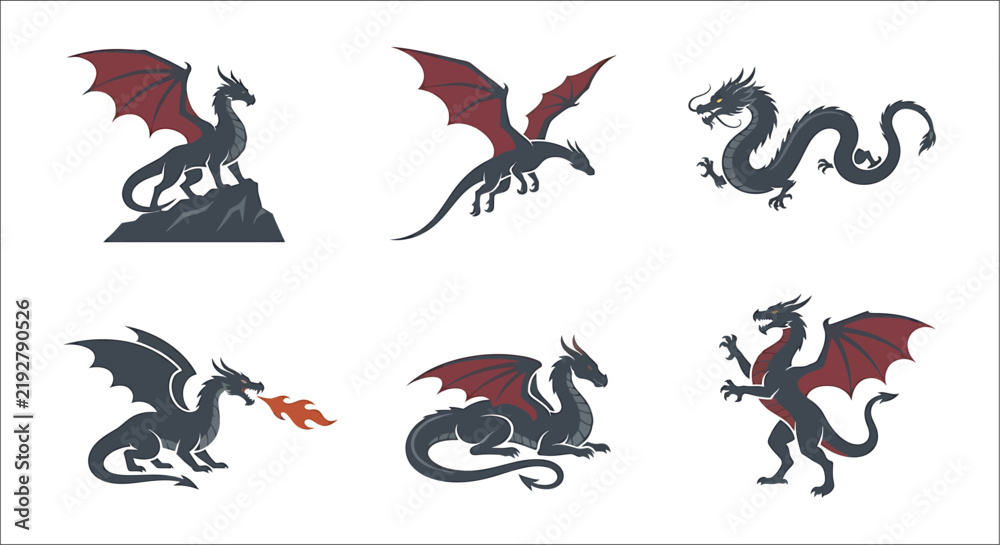 Fototapeta premium Six depictions of a dragon in various poses showcase a vector illustration style wyvern reptile mythical creature fantasy monster