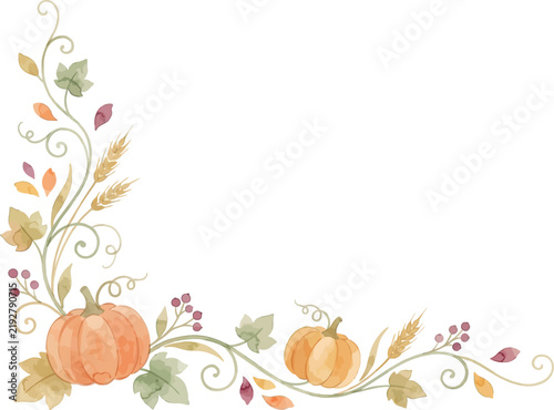 A beautiful watercolor autumn corner frame featuring pumpkins, wheat stalks, and fall leaves, perfect for seasonal invitations and Thanksgiving designs.