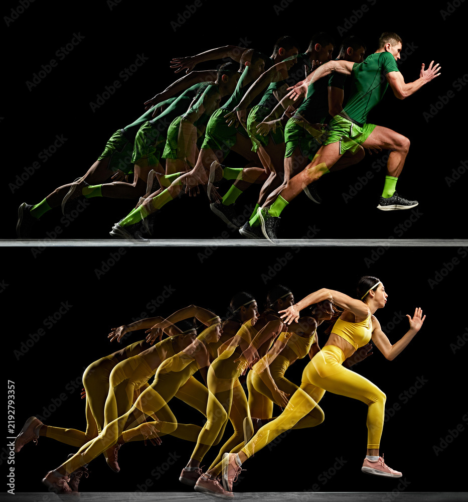 Fototapeta premium Male and female sprinters shown in colorful motion sequences. Concept of speed visualization, running technology, fitness posters and sports performance.