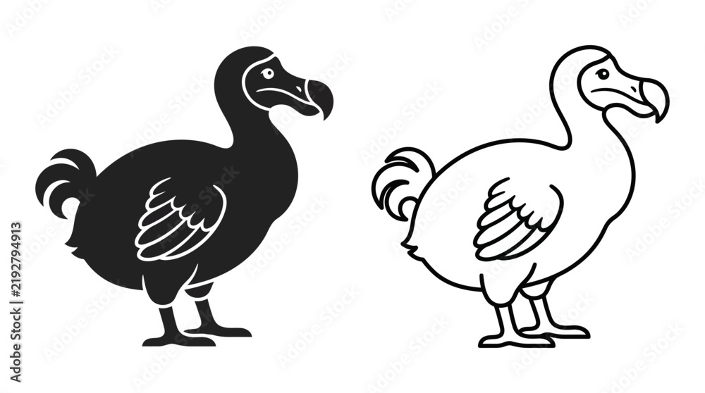 Fototapeta premium Dodo bird silhouettes black and white line art illustration