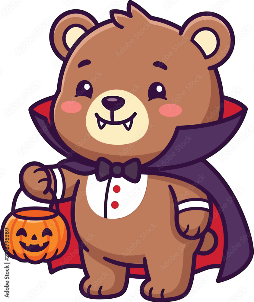 Obraz premium Cute Bear in Vampire Costume Holding Trick or Treat Pumpkin Basket Vector