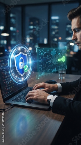 Digital security concept with a shield and lock icon, showcasing data protection and key access, representing network safety and online privacy.