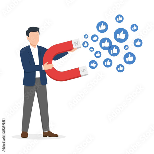Businessman using large magnet to attract social media likes with attracting likes like icons audience building attraction magnet digital presence business man social growth digital strategy