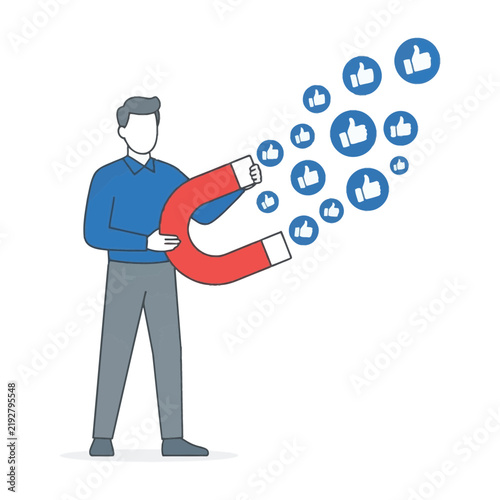Man using large magnet to attract social media like icons with attracting likes audience building person magnet attraction magnet digital presence social growth digital strategy online growth
