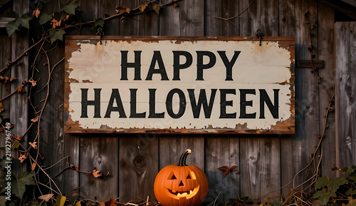 Vintage wooden sign displaying happy halloween text with carved pumpkin for seasonal decoration