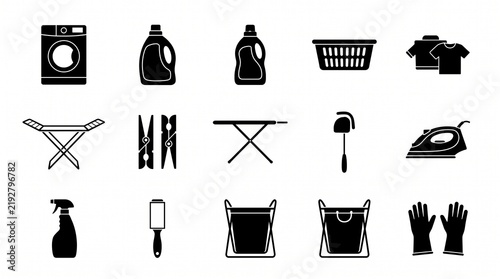 Laundry Room Equipment Silhouettes and Household Object Icons on White Background