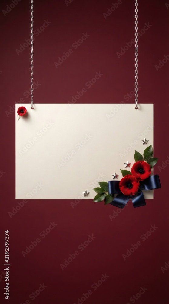 Obraz premium Blank card hanging by chains decorated with red poppies and ribbon