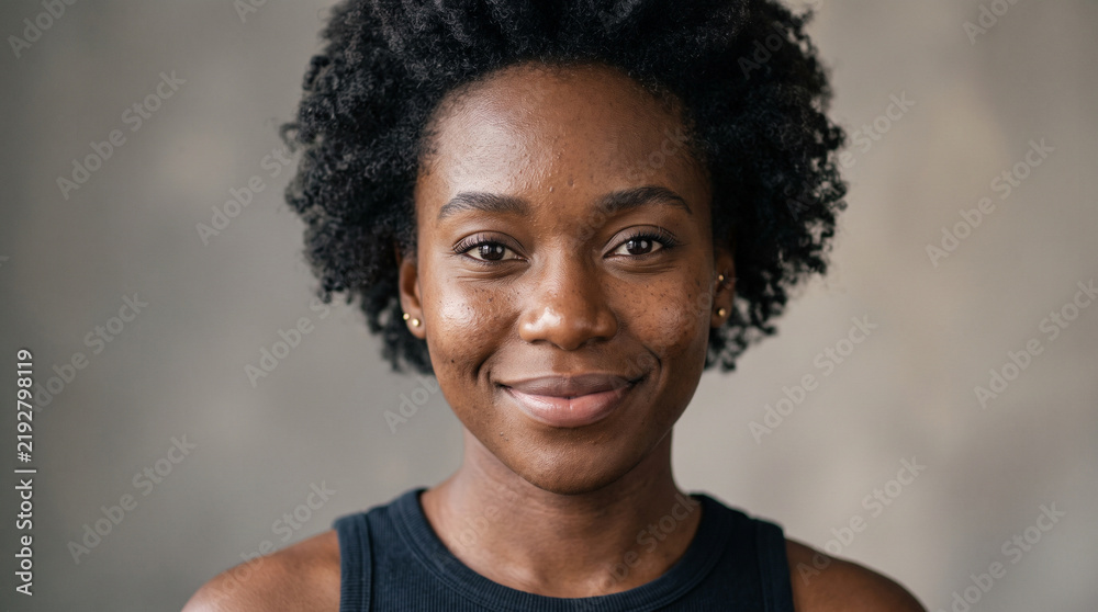 Fototapeta premium Close up portrait of a woman with an afro in a black vest top against a textured concrete wall
