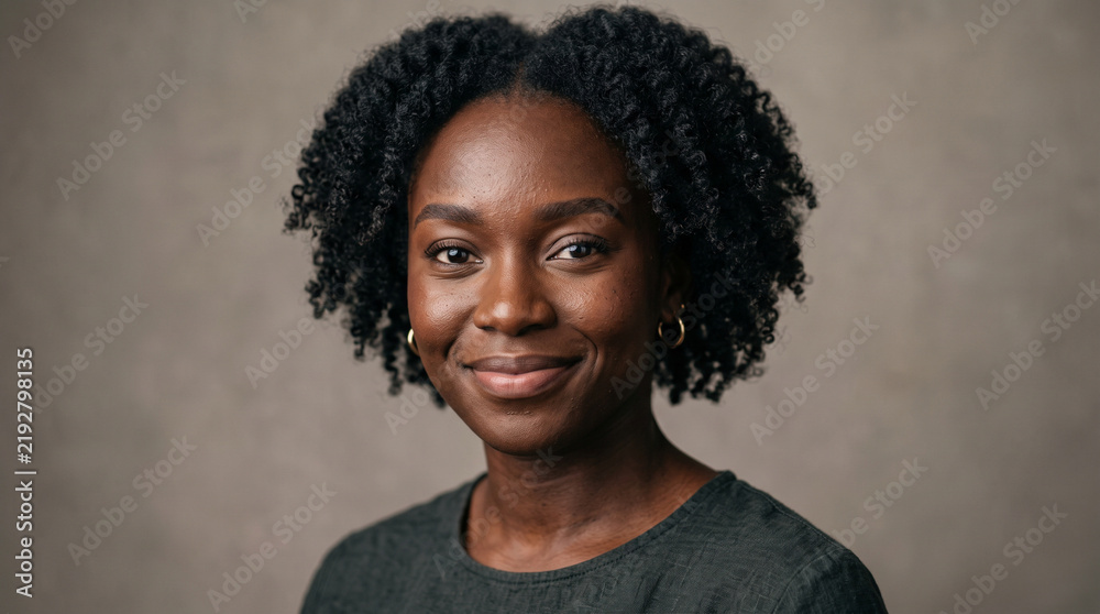Fototapeta premium Studio portrait of a smiling woman with defined curls wearing a green linen top