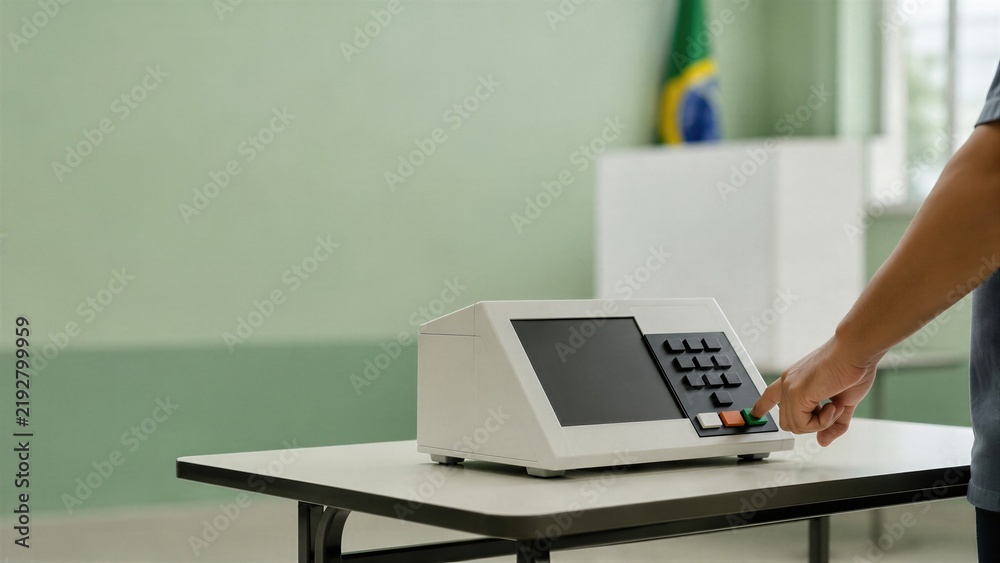 Fototapeta premium Voter presses an electronic voting machine in Brazil. A national flag marks the polling station. Democracy and civic participation define election coverage.