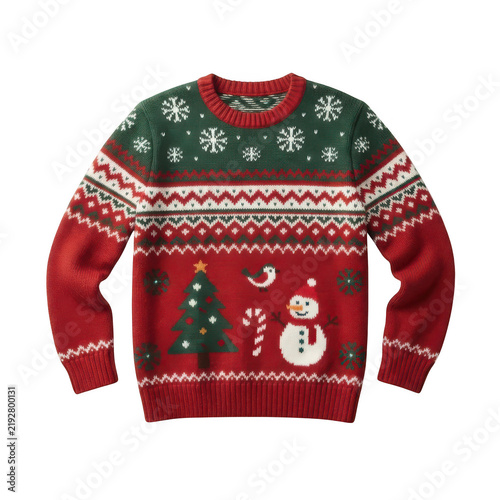 Festive christmas sweater with a holiday pattern featuring a decorated pine tree, a snowman, a candy cane, and a small bird, isolated on transparent background