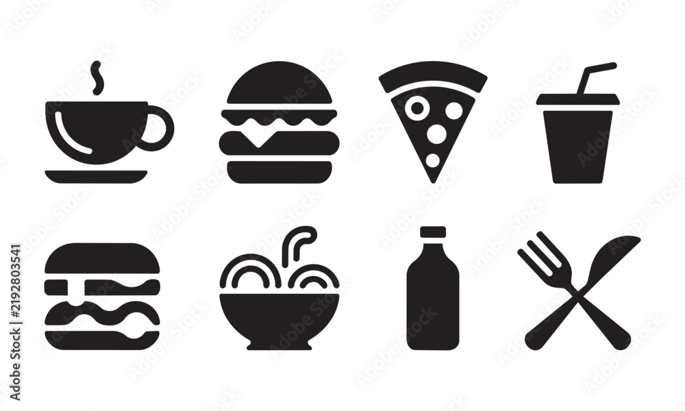 Fototapeta premium Varied collection of fast food meal symbols including burgers pizza bowls and drinks perfect for restaurant branding menus and digital interface food projects.