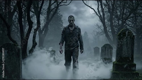 Mysterious man in dark coat walking through foggy cemetery at night
