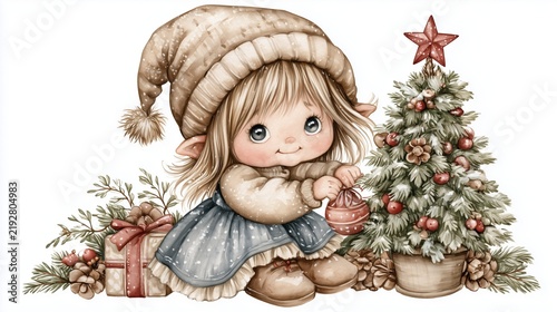 Cute Christmas elf girl decorating miniature tree watercolor illustration