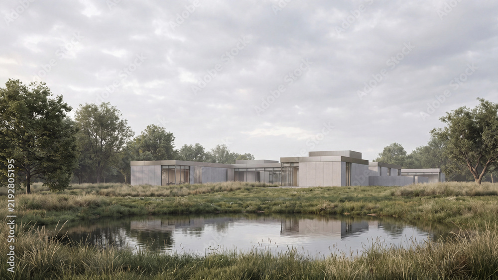 Fototapeta premium Modern concrete villa beside pond in nature landscape. Minimalist glass architecture with flat roof, grass meadow and tree for luxury real estate design, eco residence and countryside retreat